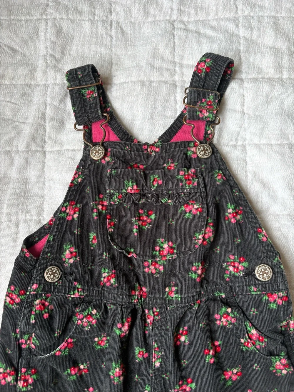 Vintage Osh Kosh Baby Girls Black Floral Overalls Pink Accents 12 Months